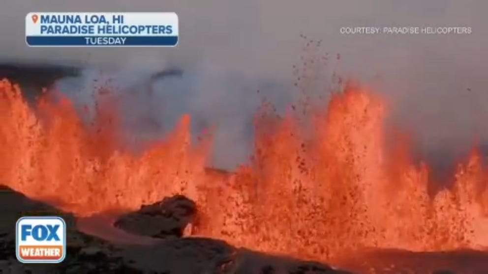 Here’s an incredible look at the lava spewing as Hawaii’s Mauna Loa erupts for the first time since 1984.