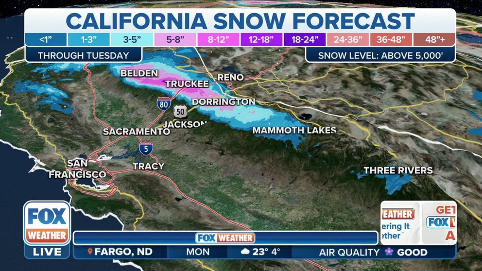 The relentless winter storm continues across California's Sierra Nevada, where winter weather alerts remain in effect. After receiving several feet of snow since last week, more than a foot of additional snow could fall in the mountains through Tuesday with several inches at lower elevations.