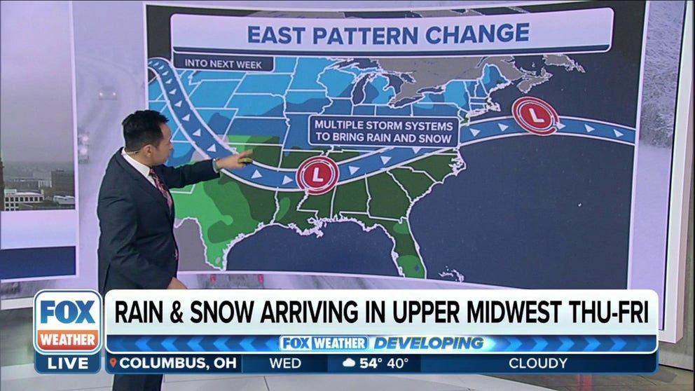 According to the FOX Forecast Center, the long-range computer forecast models suggest that a late-week storm system will sweep across the nation leading to a pattern change in the East.