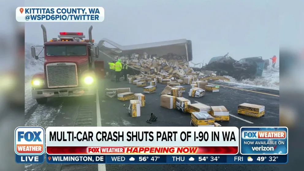 Sergeant Chelsea Hodgson of the Washington State Patrol tells FOX Weather parts of Interstate 90 may be closed for another 8 hours as crews continue cleaning up the crash site.  