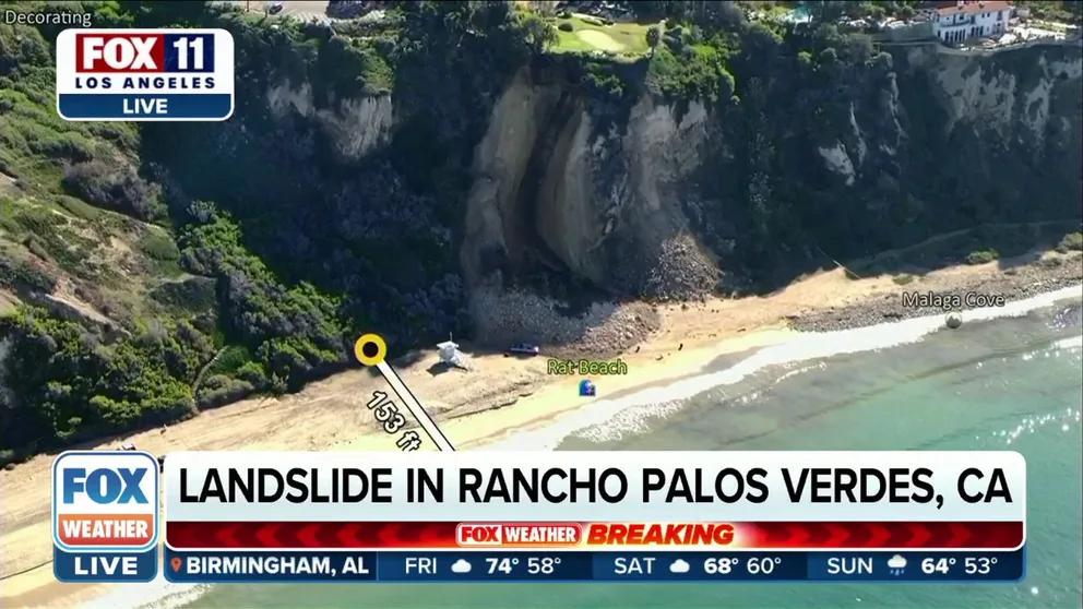 A landslide has taken place in Ranchos Palos Verdes, California. A golf course sits on top of the cliff with a small beach underneath it. 