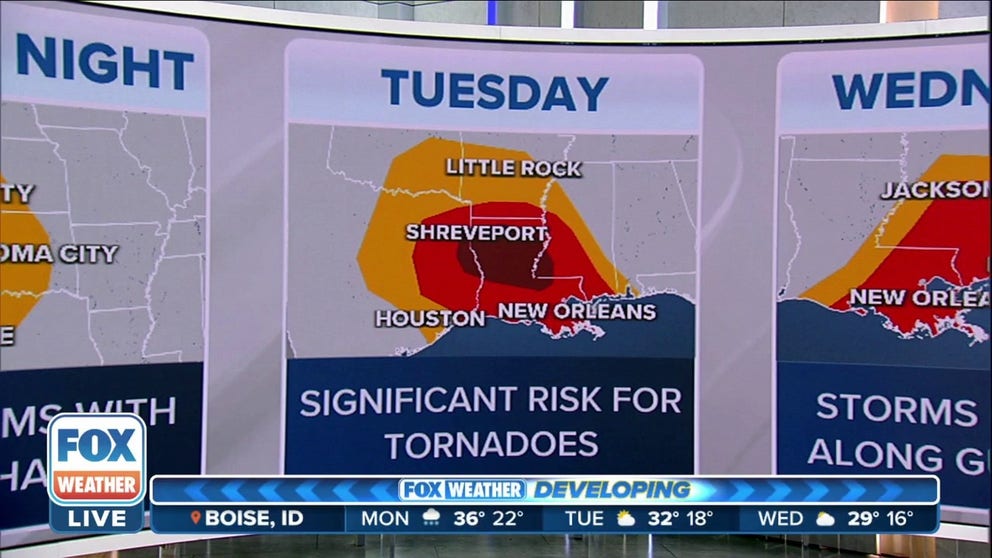 The severe threat will peak Tuesday as ingredients come together to produce intense storms capable of tornadoes, large hail and damaging winds. Storms are expected to develop Tuesday afternoon across eastern Oklahoma and Texas then slide east where the threat for severe storms will peak.
