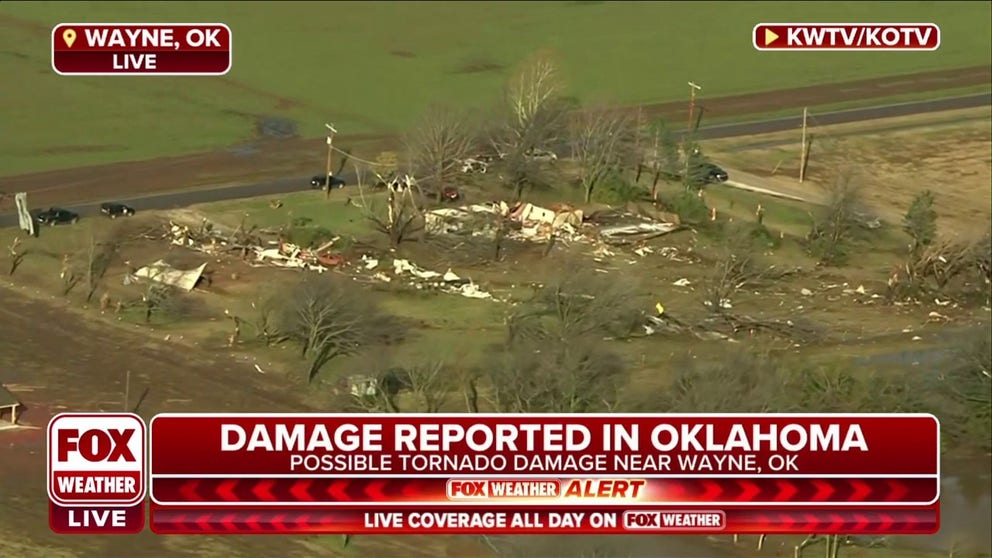 Aerial footage shows possible tornado damage and debris tossed in Wayne, Oklahoma, Tuesday morning. 