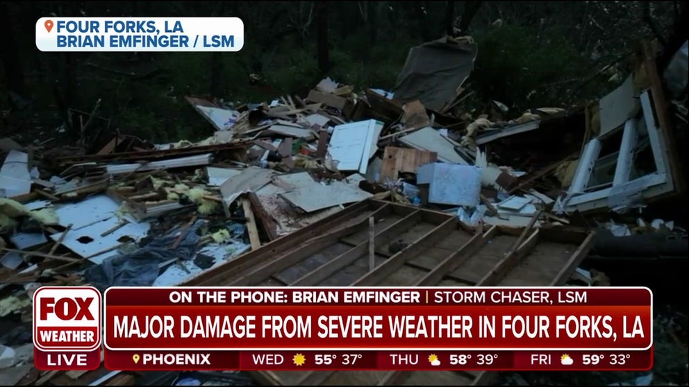 Storm Chaser Brian Emfinger of Live Storm Chasing says a tornado he captured on drone video rolling through Four Forks, Louisiana destroyed mobile homes. 