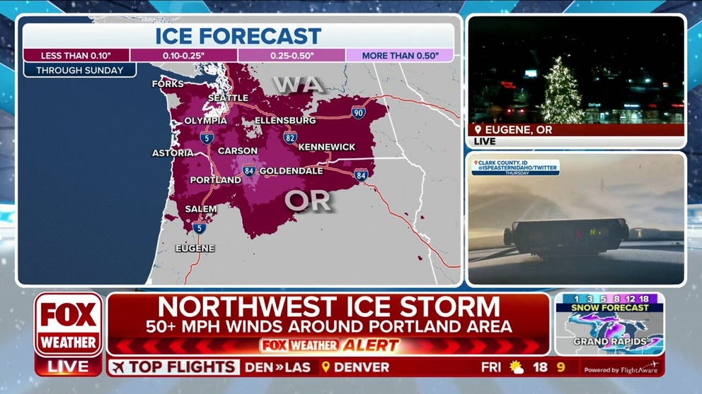 Snow, sleet and freezing rain move into the Pacific Northwest through Friday. Significant ice accumulations are expected, which will lead to dangerous travel and scattered power outages. 