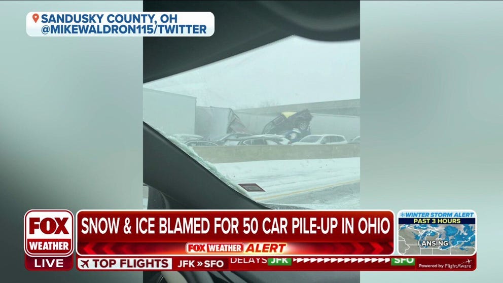 Snow and ice blamed for a 50-car pile-up on the Ohio turnpike in Sandusky County. One person has been killed in the crash. 
