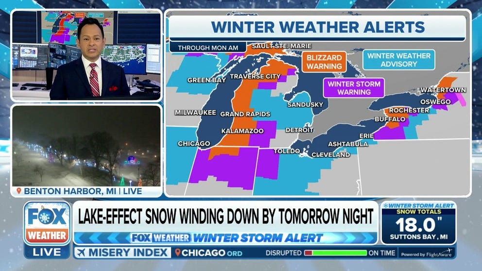 A major winter storm has brought blizzard conditions to multiple states. As the storm heads into Canada, the lake-effect snow will take over. Strong winds within the lake bands will continue to cause blizzard conditions in western New York and Michigan.