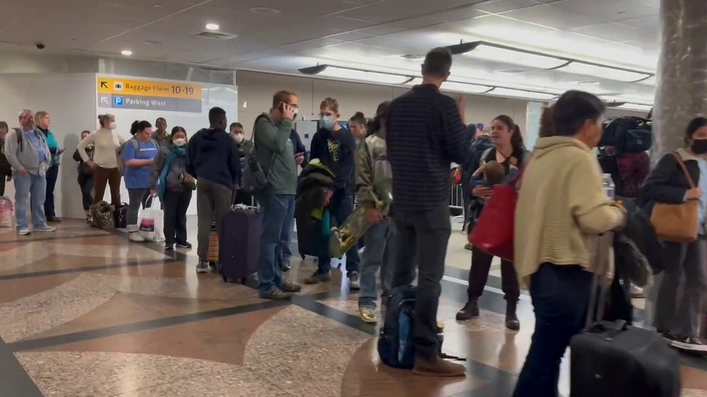 A look at one of the lines at Denver International Airport after Southwest flights were canceled on Monday. 