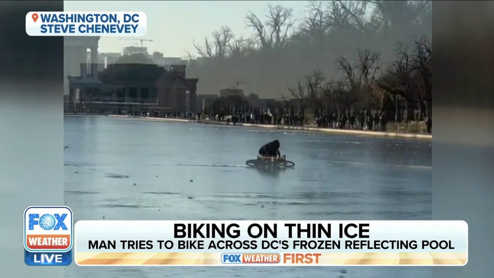 A biker failed to ride across a frozen Lincoln Memorial Reflection Pool in Washington, DC.