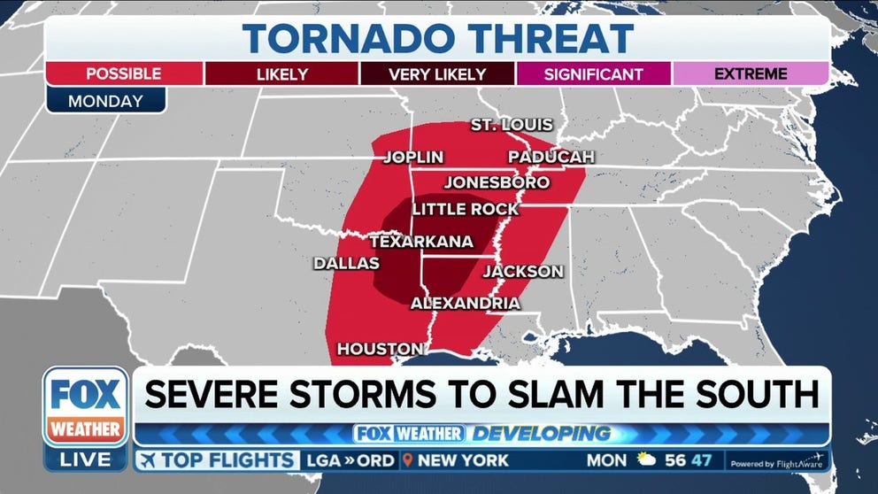 Severe thunderstorms are expected to slam parts of the South on Monday. Tornadoes, large hail and damaging winds are possible.
