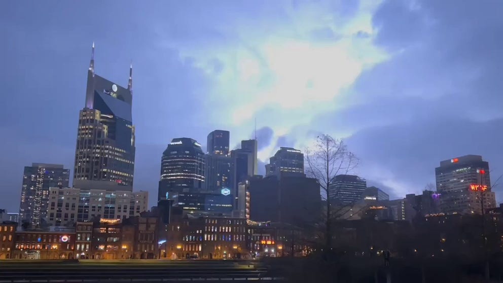 A storm moves through downtown Nashville with lightning. A tornado risk extends from Texas to Kentucky. FOX Weather multimedia journalist shows the scene from the Music City.  