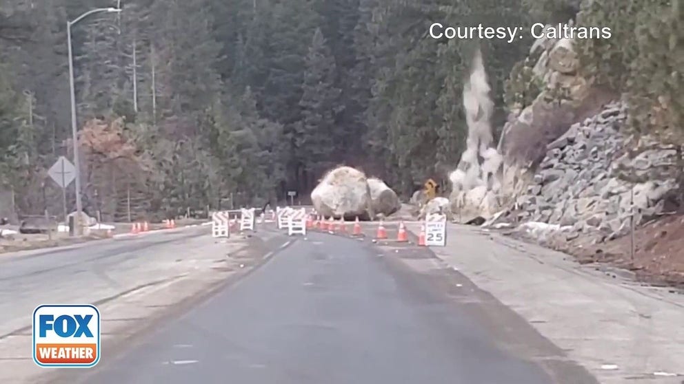"3...2...1, fire in the hole" yells a Caltrans official before blowing up two boulders that were blocking a highway in South Lake Tahoe, California.