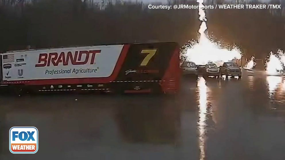 Lightning strikes a parked truck at JR Motorsports in Mooresville, North Carolina. (Credit: @JRMotorsports / WEATHER TRACKER / TMX)