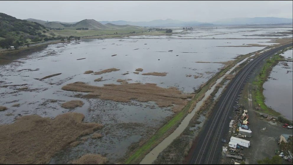 A drone was able to capture incredible video of flooding next to Interstate 680 near the community of Benicia, California.