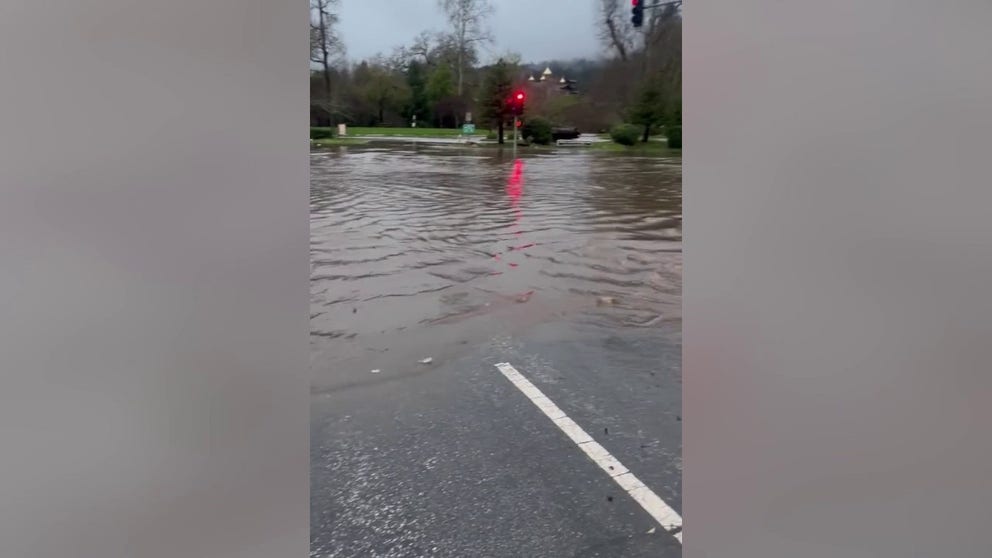 The intersection at Mt. Hermon Rd. and Graham Rd. in Santa Cruz, California, was impassable due to flooding on Monday morning. (Courtesy: @CHPscrz / Twitter)