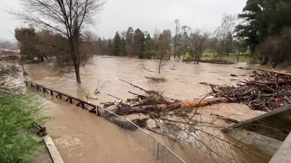 Just south of San Francisco, the San Lorenzo River continued to rise on Monday, as excessive rainfall poured in northern and central California. (Courtesy: @CHPscrz / Twitter)