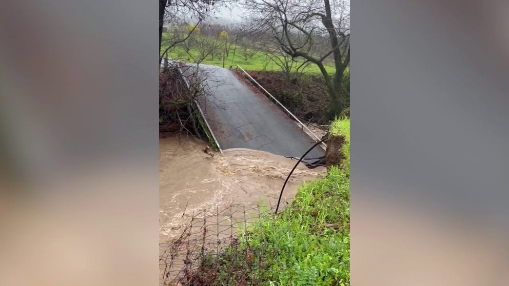 The Browns Valley Road Bridge, which lies just north of the city of Santa Cruz, fell into the water as an atmospheric river storm dropped more rain onto northern and central California.