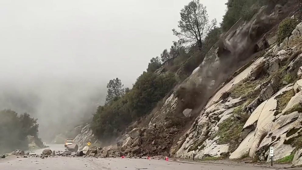 A California Highway Patrol officer caught this rock slide in progress on SR-168 in Fresno County. "Avoid travel," the CHP advises. (Credit: @ChpFresno/ Twitter)