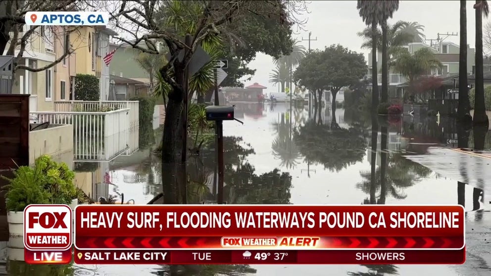 Atmospheric river pounding CA shoreline with heavy surf and flooding