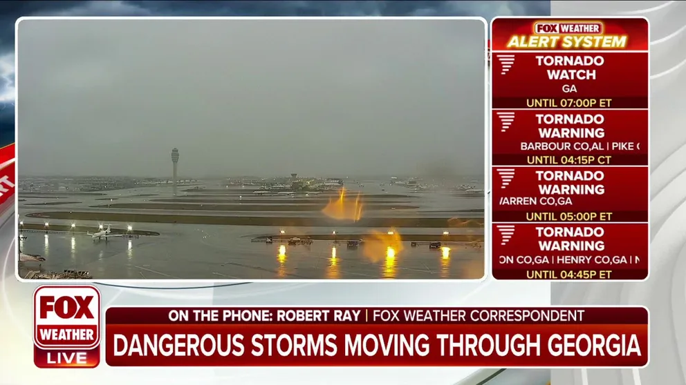 FOX Weather’s Robert Ray is sitting on a plane at Hartsfield-Jackson Atlanta International Airport and was one of the last planes to land as a Tornado Warning was issued just north of the airport. 