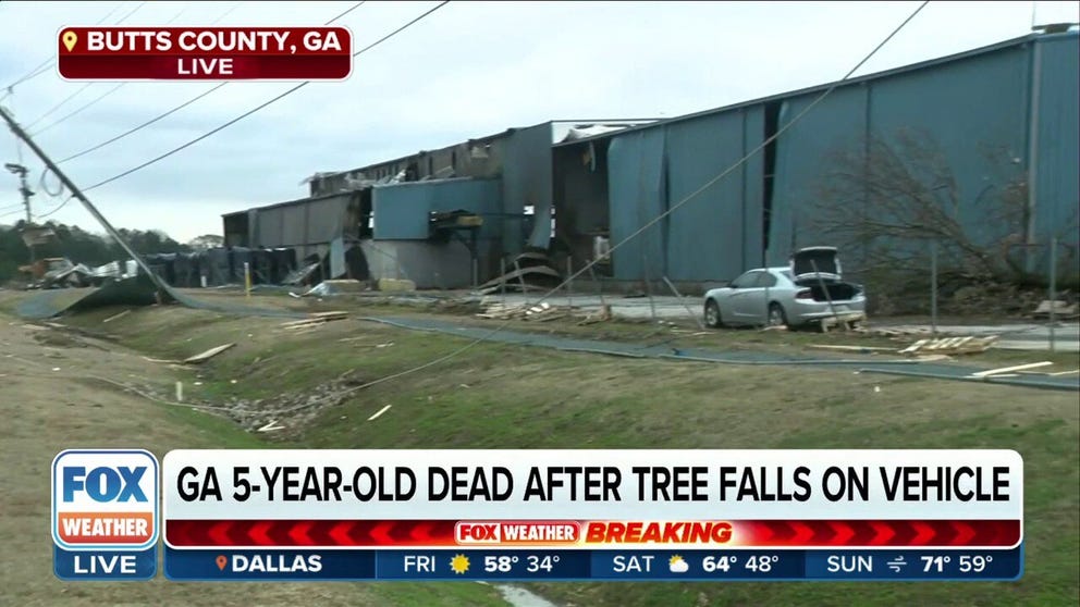 A 5-year-old was killed in Butts County, Georgia after a tree fell on their vehicle during severe storms. 