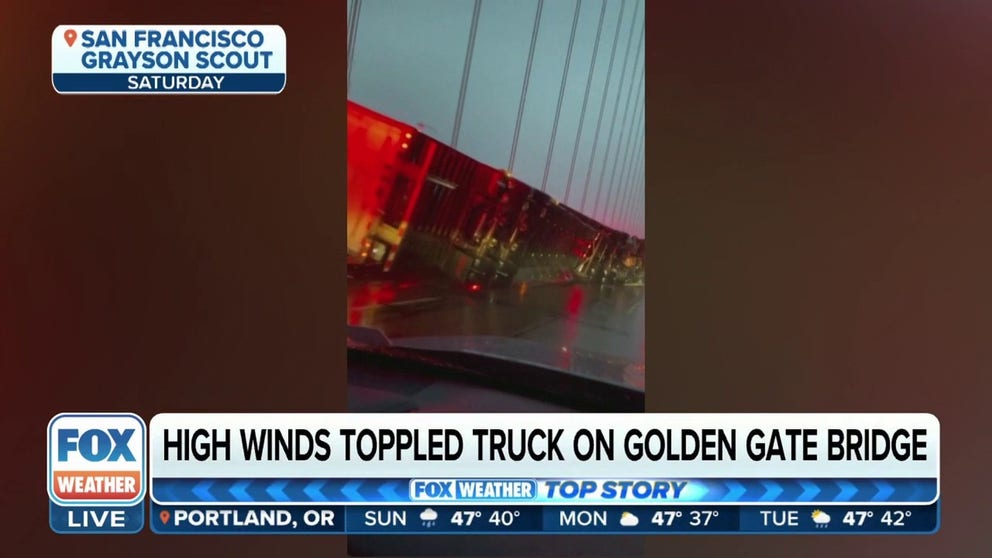 Strong winds from the latest atmospheric river-charged storm blew over a tractor trailer Saturday on the Golden Gate Bridge. Police closed both directions of the bridge for hours as crews struggled to right the truck and tow it away.