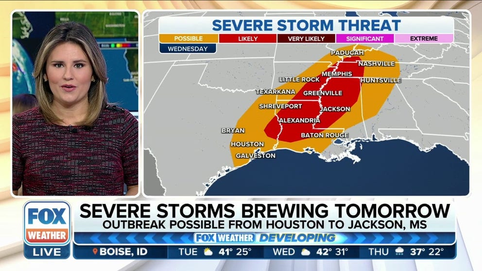 Severe storms, with a potential severe weather outbreak, will be possible Wednesday afternoon and evening from Houston to Jackson, MS.