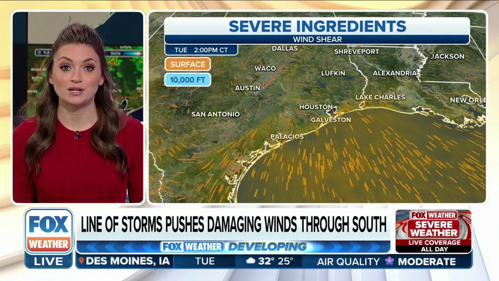 FOX Weather's Britta Merwin explains how wind shear will allow for thunderstorms to rotate during severe storms in the South on Tuesday. 