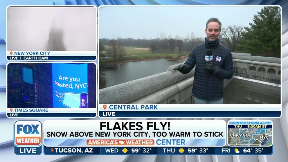 It was snowing in New York City. Unfortunately, it was too warm for it to stick. FOX Weather's Nick Kosir with the latest. 