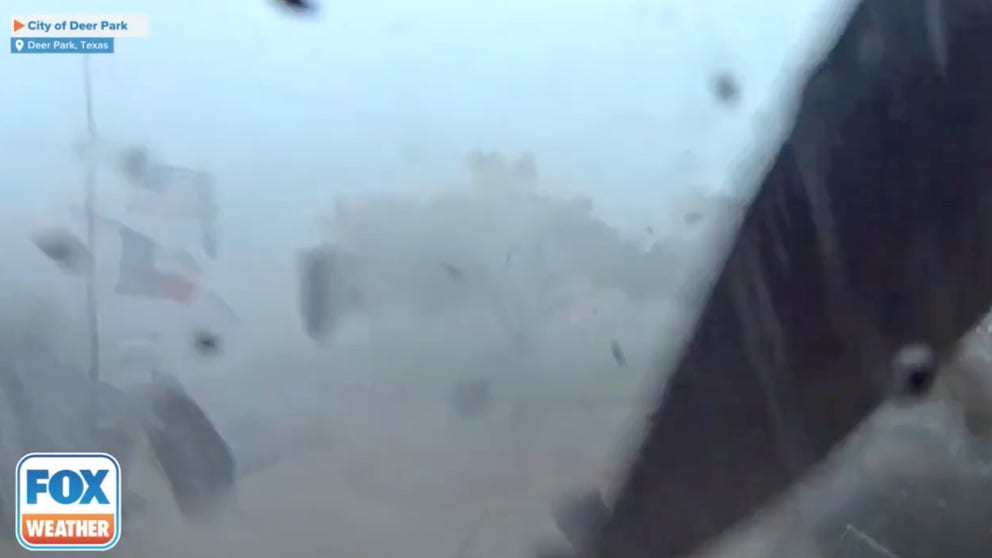 New security video shows the moments a powerful tornado barreled through Deer Park, Texas, shreddeding roofing from a community center building.