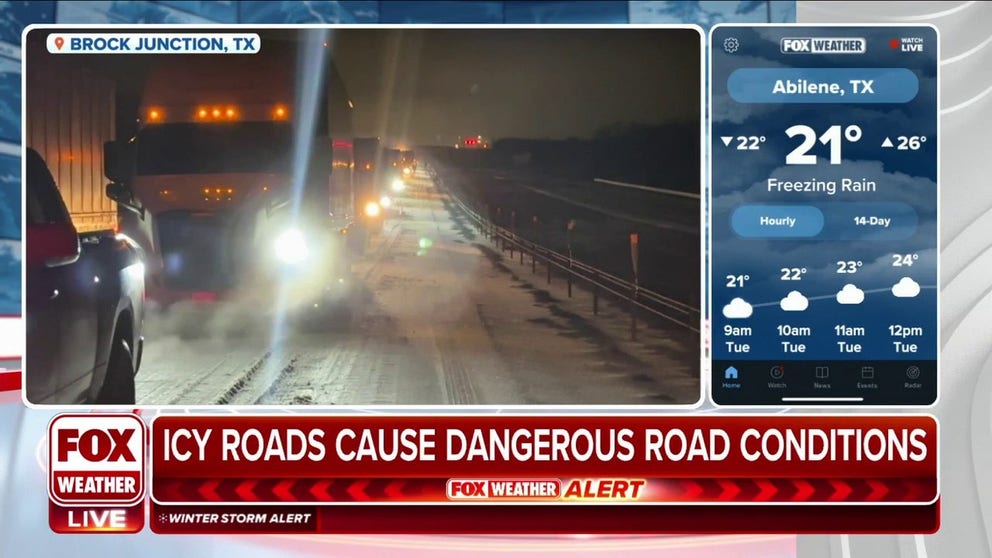 FOX Weather's Robert Ray was on Interstate 20 just outside of Abilene, Texas Monday night when it became completely loaded with ice and frozen slush, causing traffic to come to a halt. 