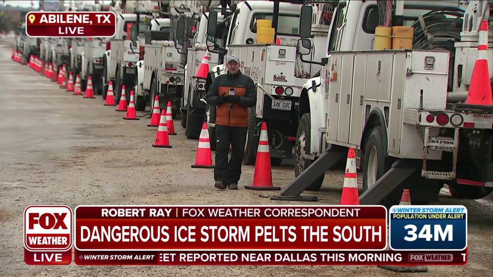 FOX Weather correspondent Robert Ray says utility crews ready for a half an inch or more of ice in the Abilene, Texas area. Ray notes that conditions are not safe for drivers and ice can send vehicles spinning. 