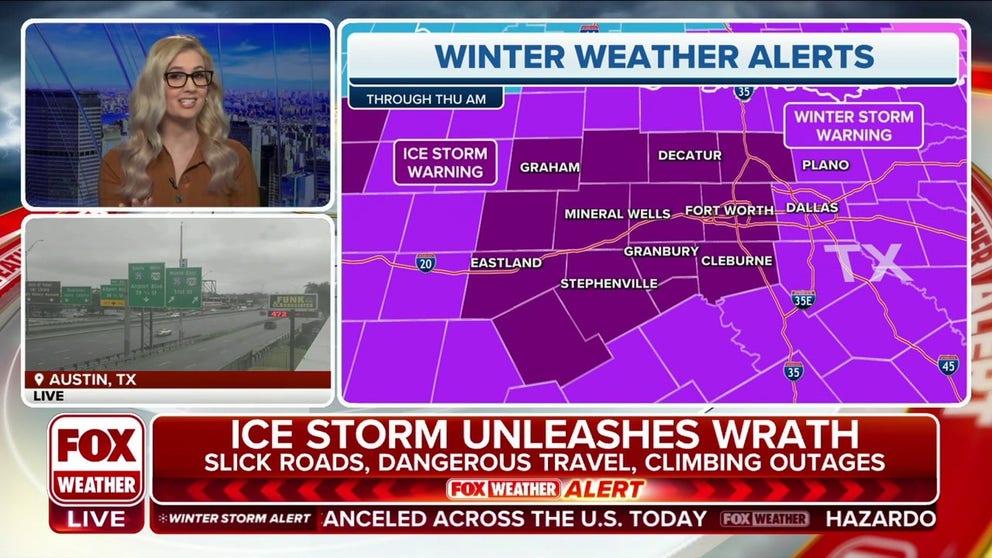 Ice Storm Warnings are in place across the South through Thursday morning. Areas west of Dallas, Texas may pick up a half an inch of additional ice accretion. 