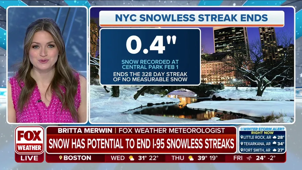 It took until February, but New York City finally saw its first measurable snow of the season early Wednesday morning, ending a 328-day snowless streak that dated back to March 2022. 