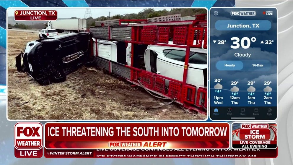 FOX Weather correspondent Robert Ray shows the scene in Junction, Texas where tractor-trailers have flipped over due to a winter storm. Ice will continue to threaten the South through Thursday.   