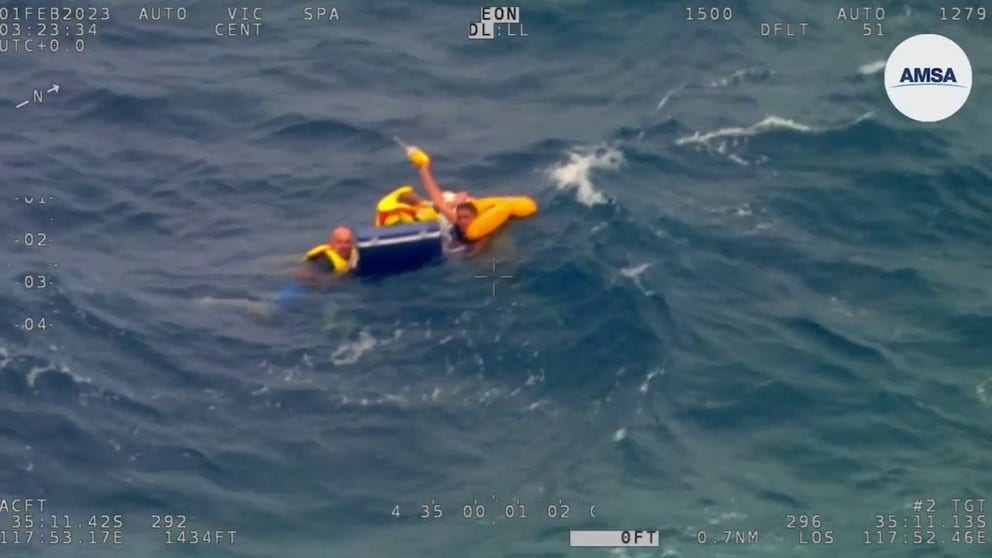 Three fishermen clung to a cooler for hours after their boat capsized. The trio donned life jackets and grabbed the only object still floating to stay together in the impressive swells. The Australian Maritime Safety Authority's rescue aircraft shot video of the men bobbing in the surf and waving to the rescue crews.