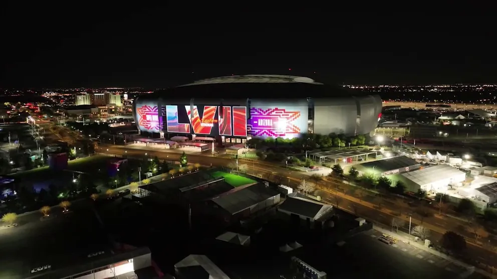 Drone video shows State Farm Stadium in Glendale, AZ ahead of Super Bowl LVII on Sunday, February 12. 