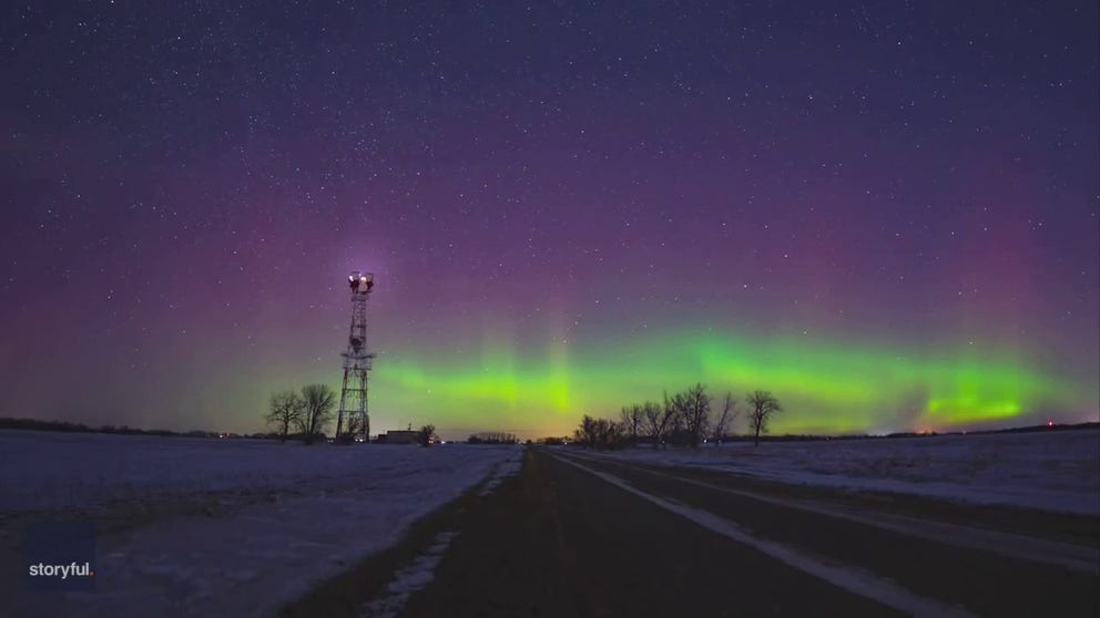 Timelapse video recorded in North Dakota shows a dazzling display of colors as the Northern Lights dances across the sky.