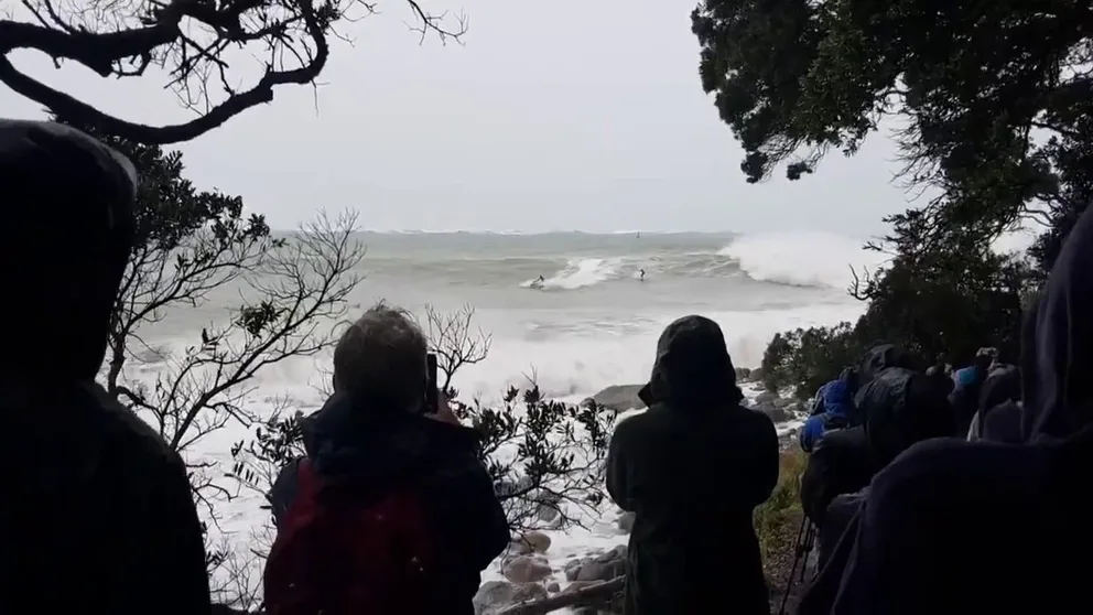 This footage shows surfers out in dangerous conditions in Mount Maunganui on Monday. New Zealand’s meteorological agency, Metservice, said Maunganui had received 200mm of rain overnight into Tuesday.
