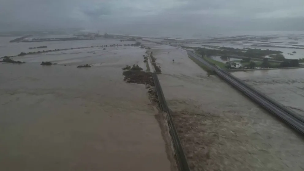 Drone video shows parts of New Zealand flooded and damaged following Cyclone Gabrielle. 