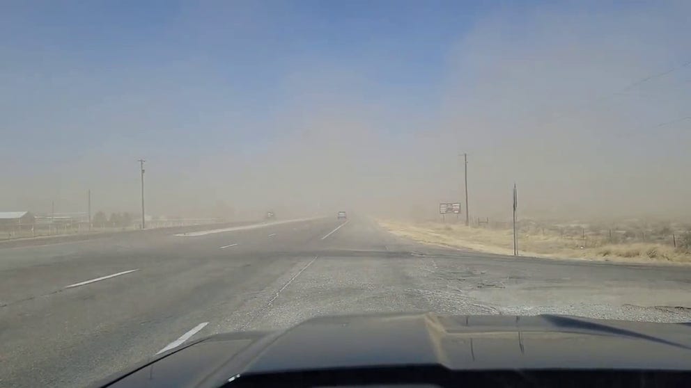 Blowing dust 6 miles south of Artesia on US Hwy 285, reducing the visibility to less than 1/4 of a mile. Feb. 14, 2023 at 12:35 p.m. MST.(Courtesy: @WendellLMalone1 / Twitter)