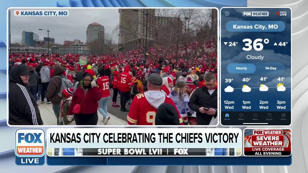 FOX Weather's Will Nunley is in Kansas City as the Chiefs and fans are set to celebrate the Super Bowl victory with a parade and fans can't contain their excitement. 