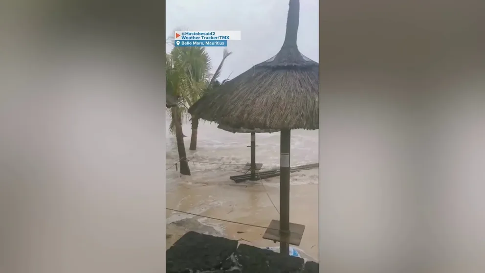 Waves and heavy rain from Cyclone Freddy took over beach shelters on the island of Mauritius on Monday. Freddy is expected to make landfall in Madagascar this week. (Credit: @Hastobesaid2/ Weather Tracker/TMX)