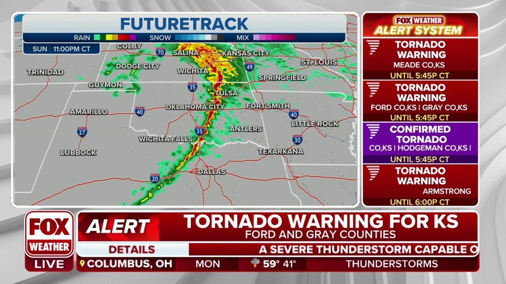 Meteorologist Kendall Smith is tracking a dangerous line of storms heading through Kansas, Oklahoma and Texas. A spotter has confirmed a tornado.