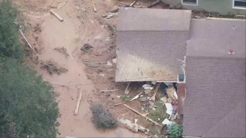 One home suffered major damage when a hillside in Los Angeles County gave way on Sunday. Recent storms saturated the ground which slid into homes.