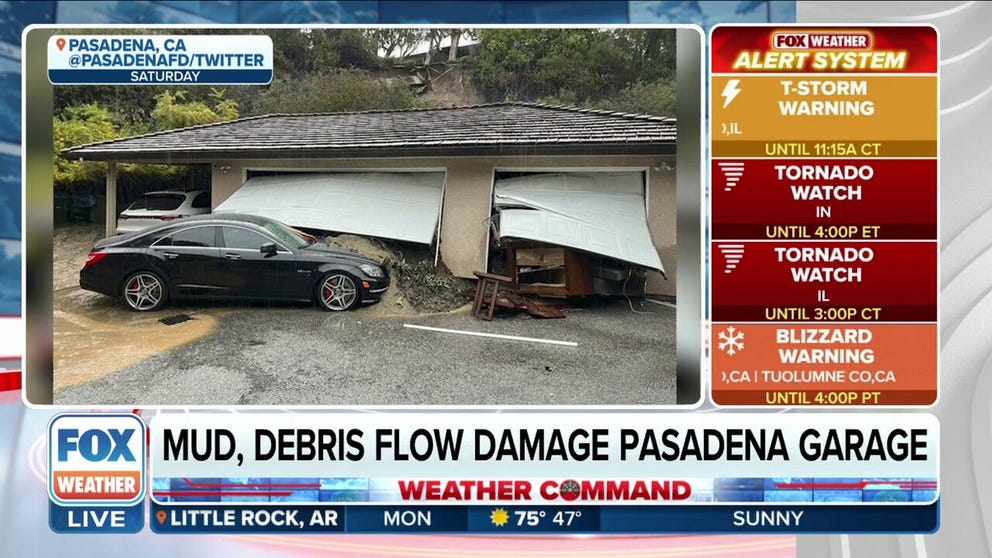 The Pasadena Fire Department came to the rescue and airlifted a hiker out of a park after he was trapped by rising floodwaters Saturday. A different crew responded to an emergency call and found that a mudslide took out the back of a garage and was still oozing out the front. Plows had to clear snow off roads in Palmdale, California. The average high, this time of year is in the low 60s.