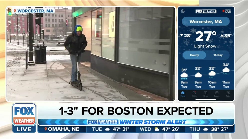 Kids have a snow day in Worcester, MA on Tuesday but some adults still have to get to work. FOX Weather's Katie Byrne spoke with resident Eddie Rojas who rides his scooter to work everyday, but said he's sticking with the sidewalks on Tuesday because they are less slippery.