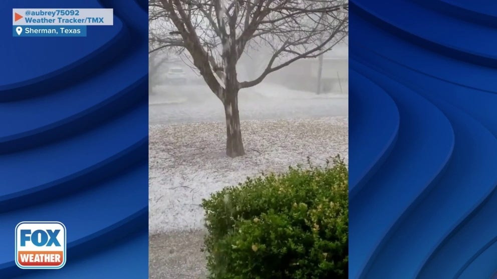 Large amounts of hail causes the ground to go white in Sherman, Texas during a severe thunderstorm. (Credit: @aubrey75092/ Weather Tracker/TMX)