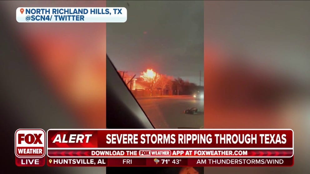 Tree catches fire as a transformer blows in North Richland Hills, Texas, located near Dallas. 