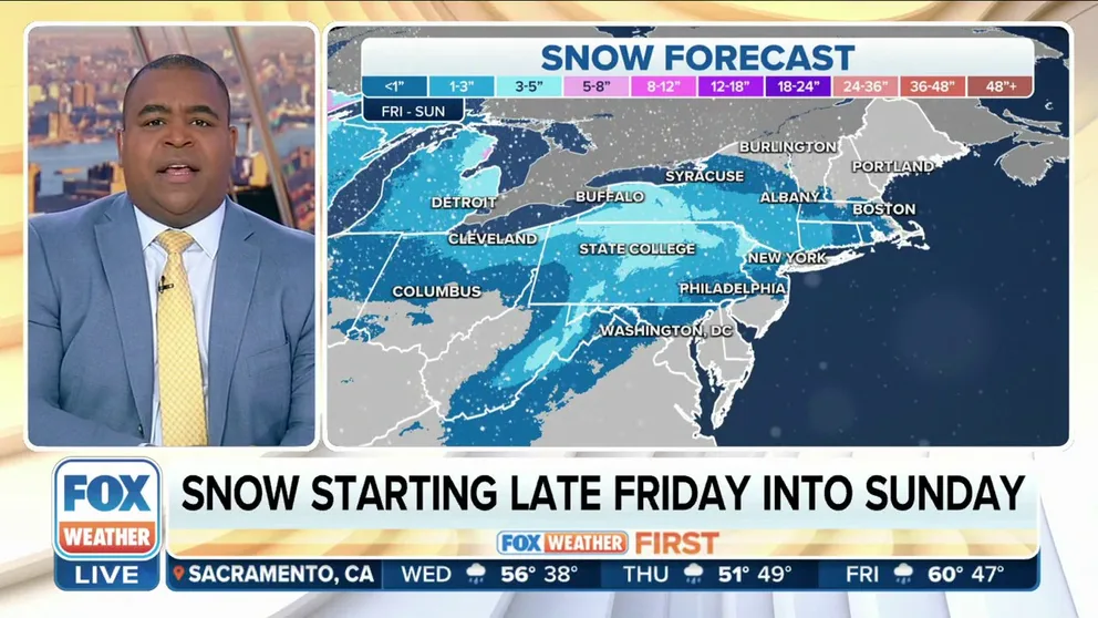 The FOX Forecast Center is tracking the potential for snow in the Northeast this weekend. Forecast models suggest around that a couple inches of snow could fall late Friday into Sunday. This includes New York City, Boston, and D.C. 